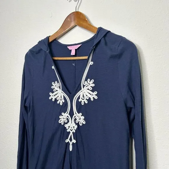 Lilly Pulitzer Women’s Navy Blue Embroidered V Neck Pullover Dress Hoodie Size L - Picture 2 of 13